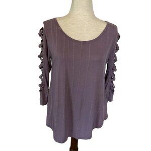 Jennifer Lopez Top Sz M Slit Geometric Sleeve Purple Silver Retro Stripe Sparkle